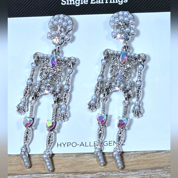 Way To Celebrate Jewelry - Bling Bejeweled Skeleton Earrings Hypo Allergentic Nwt